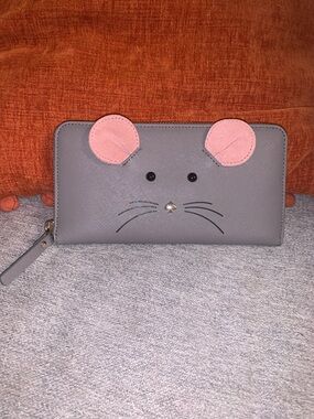 Kate Spade NWT Cats Meow Gray Mouse Face Zip Wallet with Pink Ears